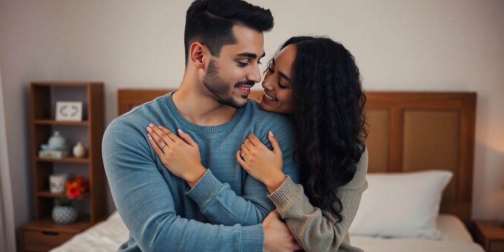 Couple embracing intimately, soft lighting, bedroom background.